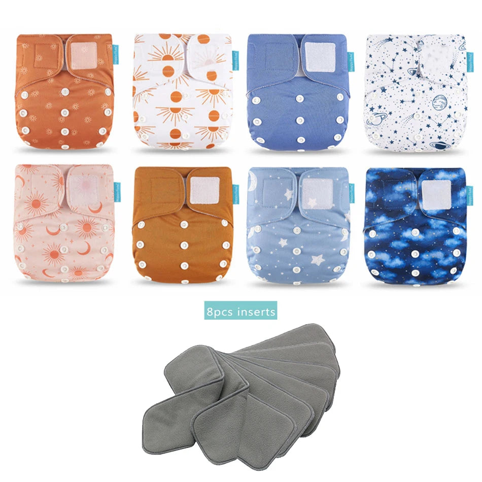Happyflute New OS Pocket Nappy Set Adjustable 8pcs Diape+8pcs Bamboo Charcoal Insert Waterproof&Reusable Washable Baby Diaper