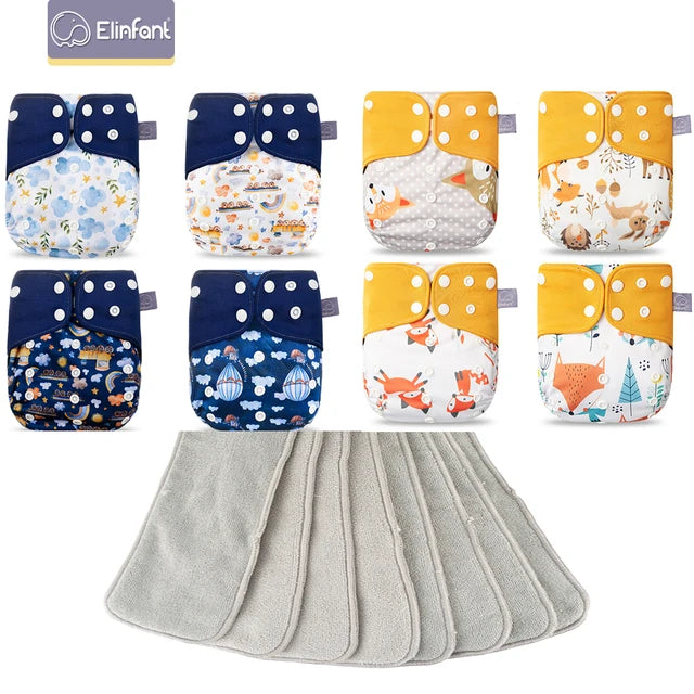 Elinfant 8pcs diapers with 8pcs absorbents waterproof baby pcoket diapers gray mesh baby cloth diapers