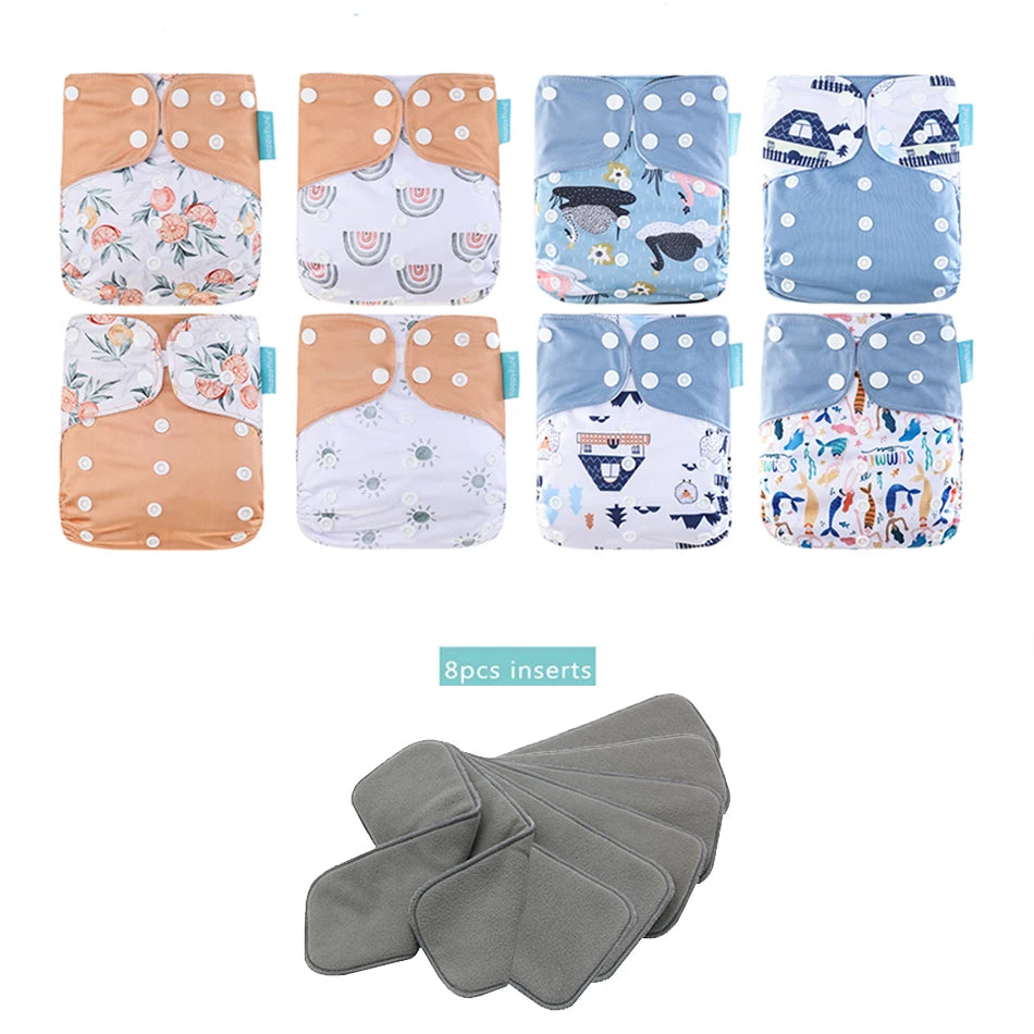 Happyflute New OS Pocket Nappy Set Adjustable 8pcs Diape+8pcs Bamboo Charcoal Insert Waterproof&Reusable Washable Baby Diaper