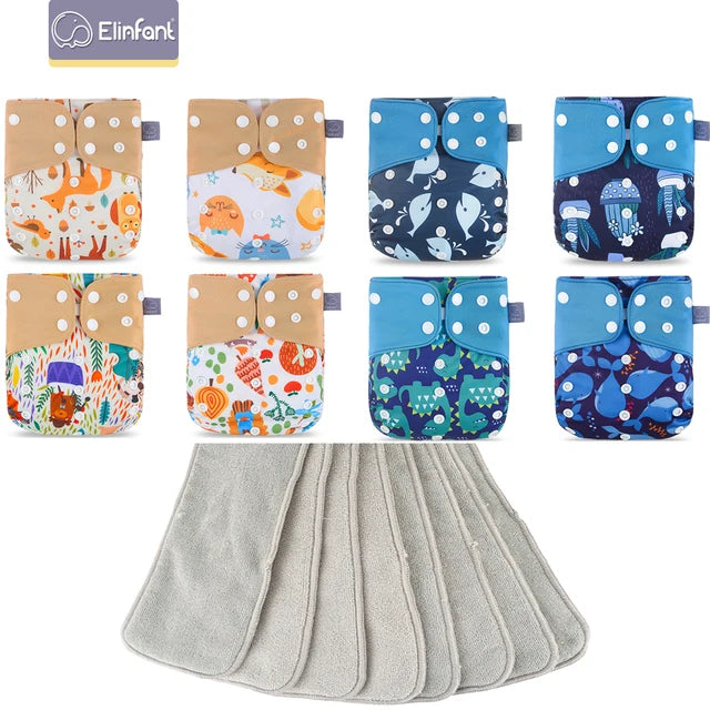 Elinfant 8pcs diapers with 8pcs absorbents waterproof baby pcoket diapers gray mesh baby cloth diapers