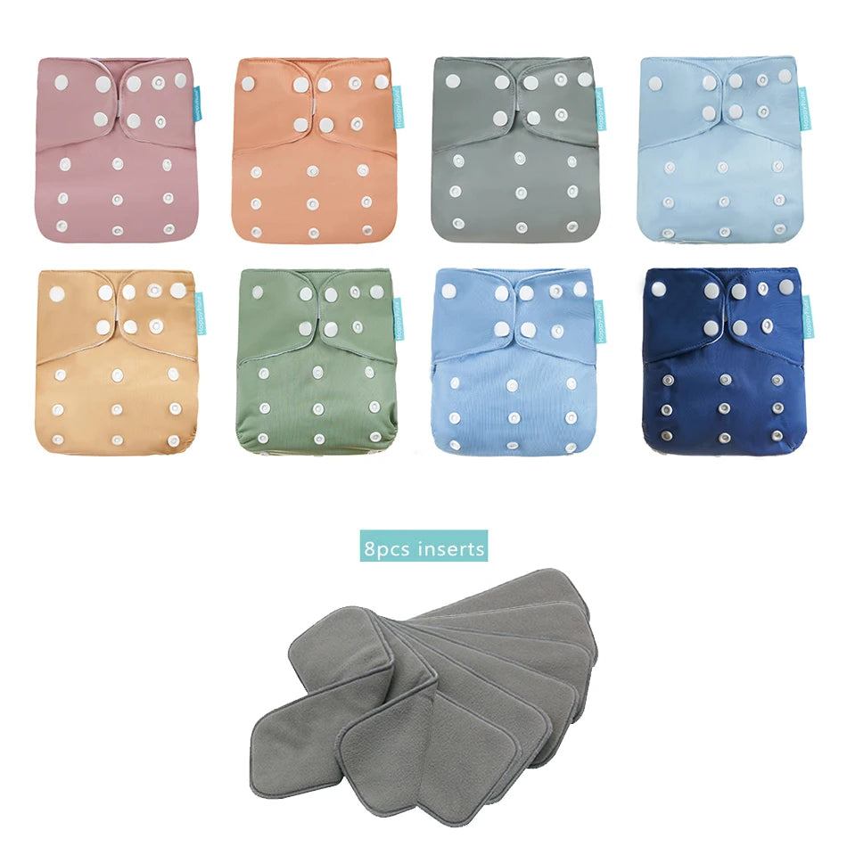 Happyflute New OS Pocket Nappy Set Adjustable 8pcs Diape+8pcs Bamboo Charcoal Insert Waterproof&Reusable Washable Baby Diaper