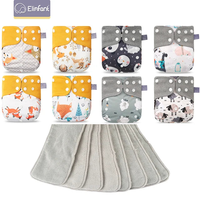 Elinfant 8pcs diapers with 8pcs absorbents waterproof baby pcoket diapers gray mesh baby cloth diapers