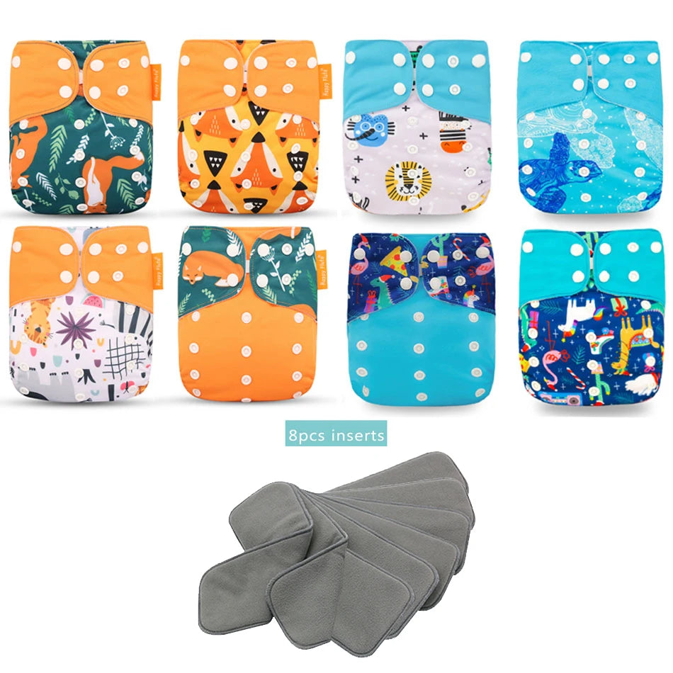 Happyflute New OS Pocket Nappy Set Adjustable 8pcs Diape+8pcs Bamboo Charcoal Insert Waterproof&Reusable Washable Baby Diaper