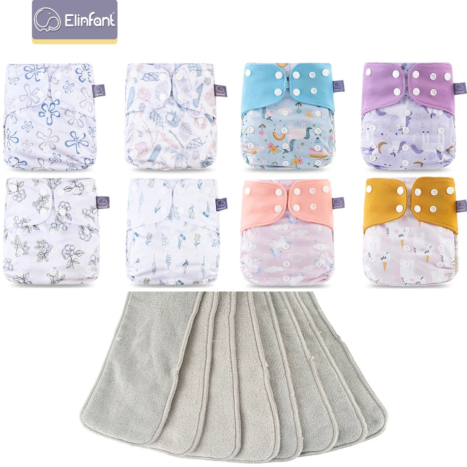 Elinfant 8pcs diapers with 8pcs absorbents waterproof baby pcoket diapers gray mesh baby cloth diapers