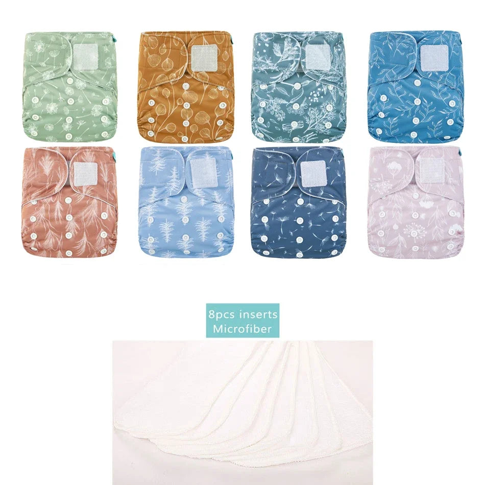 HappyFlute 8 diapers+8 Inserts  Baby Cloth Diapers One Size Adjustable Washable Reusable Cloth Nappy For Baby Girls and Boys