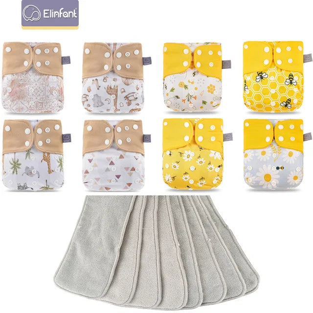 Elinfant 8pcs diapers with 8pcs absorbents waterproof baby pcoket diapers gray mesh baby cloth diapers