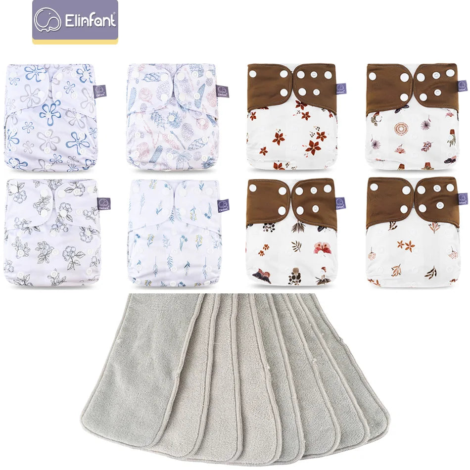 Elinfant 8pcs diapers with 8pcs absorbents waterproof baby pcoket diapers gray mesh baby cloth diapers