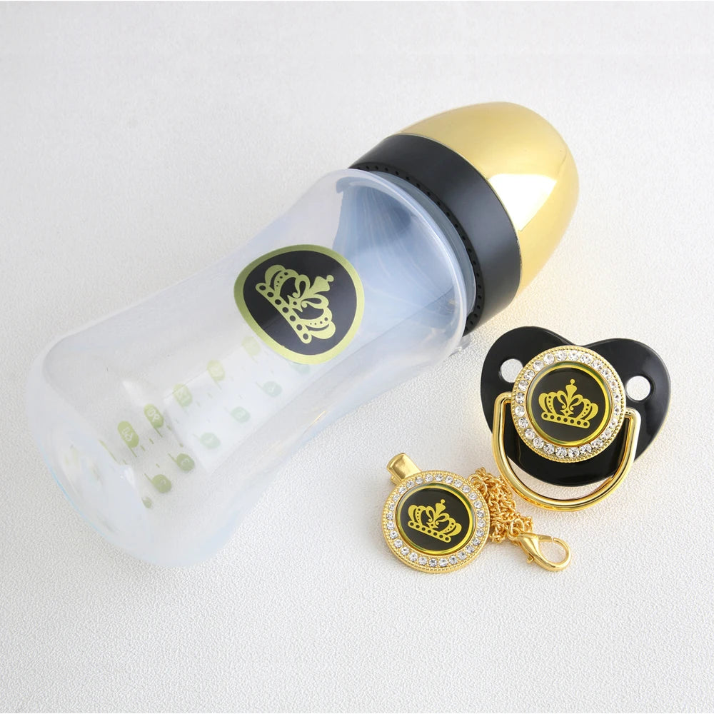 Golden BPA Free 240ML Baby Crown Bottle With 26 Letters Pacifier Chain Gem Clip /Teether Toy Boy And Girls
