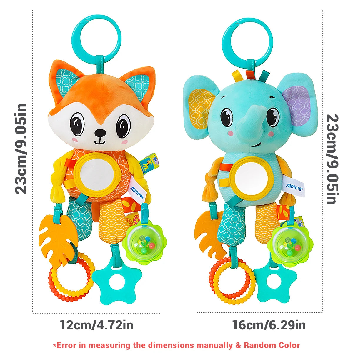 Soft Hanging Crinkle Squeaky Sensory LearningToy Stroller Car Seat Crib Travel Plush Animal Wind Chime with Teether Boys Girls