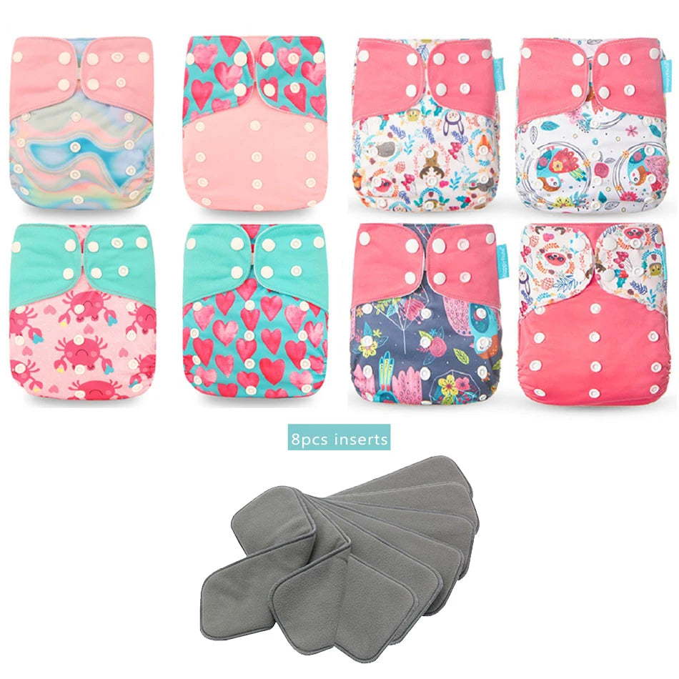 Happyflute New OS Pocket Nappy Set Adjustable 8pcs Diape+8pcs Bamboo Charcoal Insert Waterproof&Reusable Washable Baby Diaper