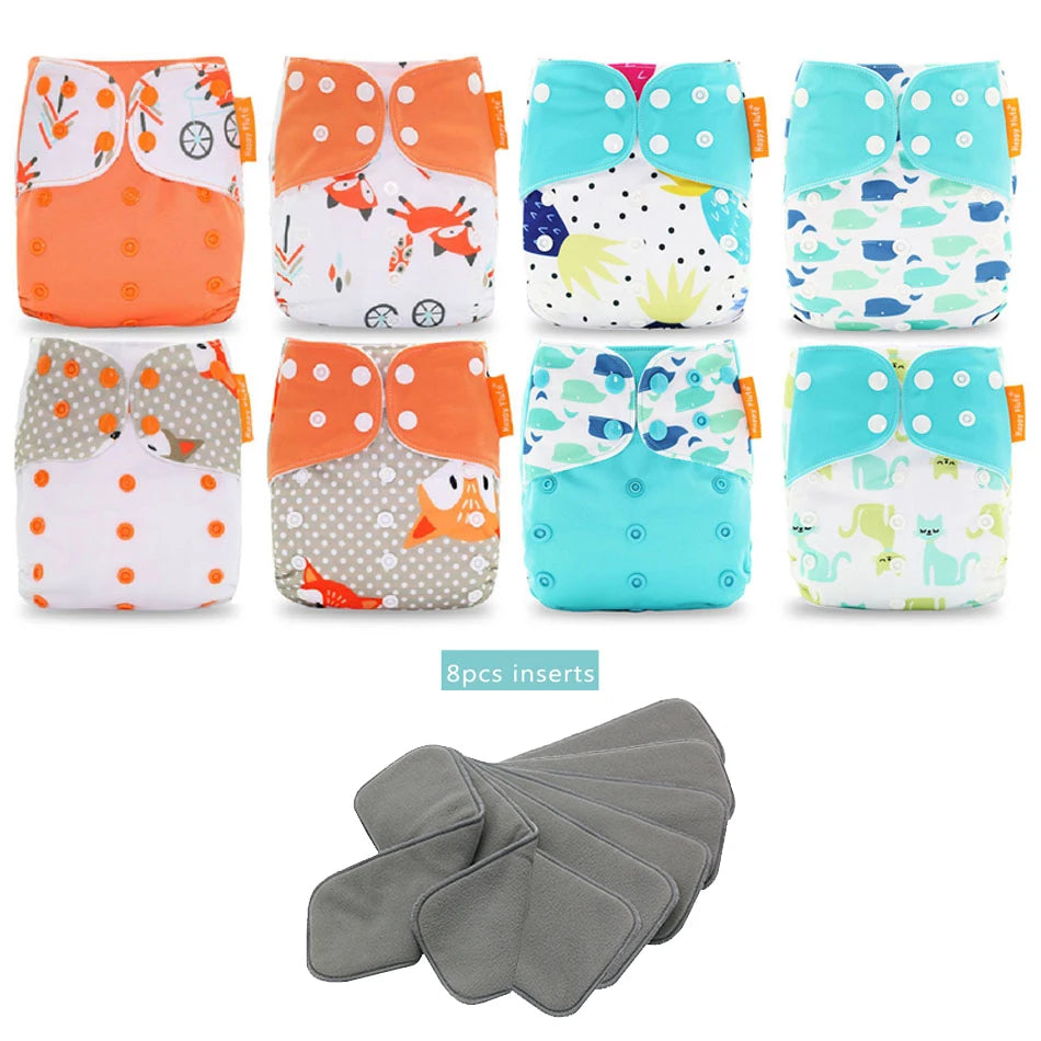 Happyflute New OS Pocket Nappy Set Adjustable 8pcs Diape+8pcs Bamboo Charcoal Insert Waterproof&Reusable Washable Baby Diaper