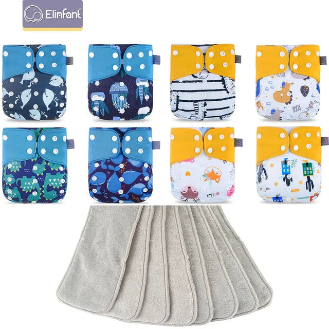 Elinfant 8pcs diapers with 8pcs absorbents waterproof baby pcoket diapers gray mesh baby cloth diapers