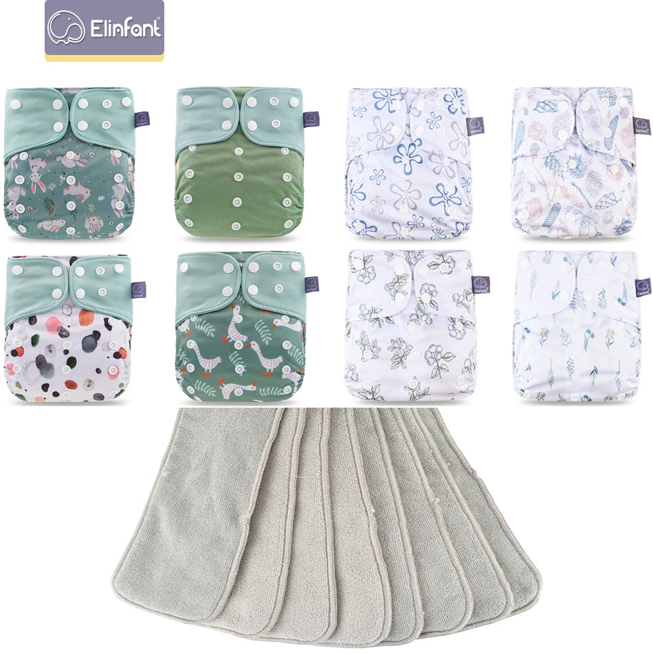 Elinfant 8pcs diapers with 8pcs absorbents waterproof baby pcoket diapers gray mesh baby cloth diapers