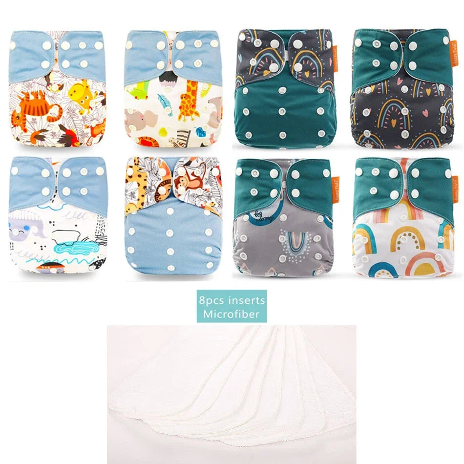 HappyFlute 8 diapers+8 Inserts  Baby Cloth Diapers One Size Adjustable Washable Reusable Cloth Nappy For Baby Girls and Boys