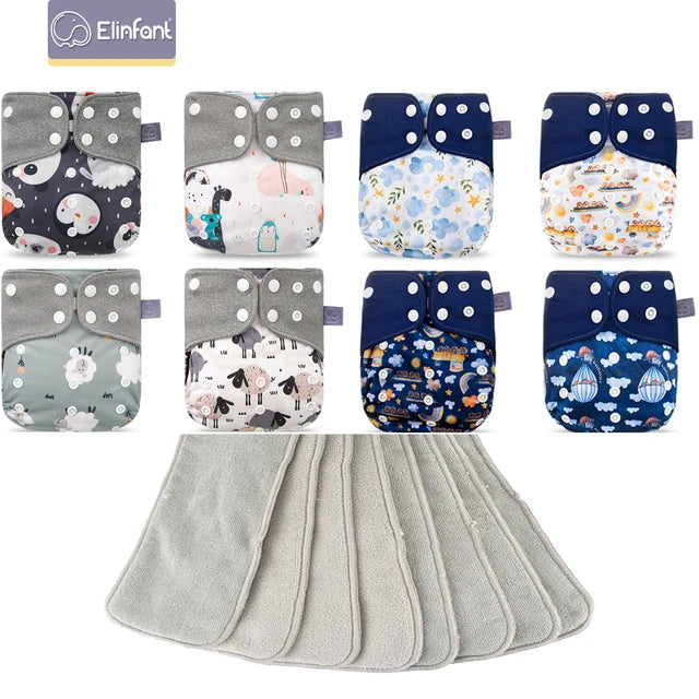 Elinfant 8pcs diapers with 8pcs absorbents waterproof baby pcoket diapers gray mesh baby cloth diapers