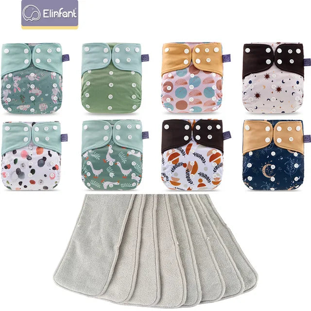 Elinfant 8pcs diapers with 8pcs absorbents waterproof baby pcoket diapers gray mesh baby cloth diapers