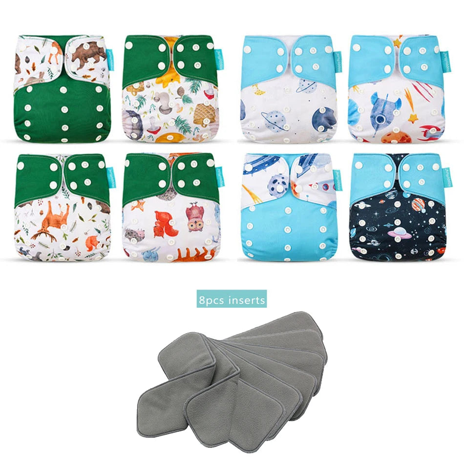Happyflute New OS Pocket Nappy Set Adjustable 8pcs Diape+8pcs Bamboo Charcoal Insert Waterproof&Reusable Washable Baby Diaper
