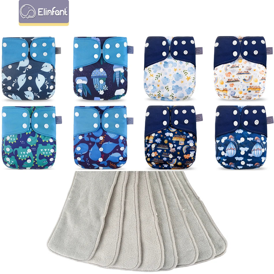 Elinfant 8pcs diapers with 8pcs absorbents waterproof baby pcoket diapers gray mesh baby cloth diapers
