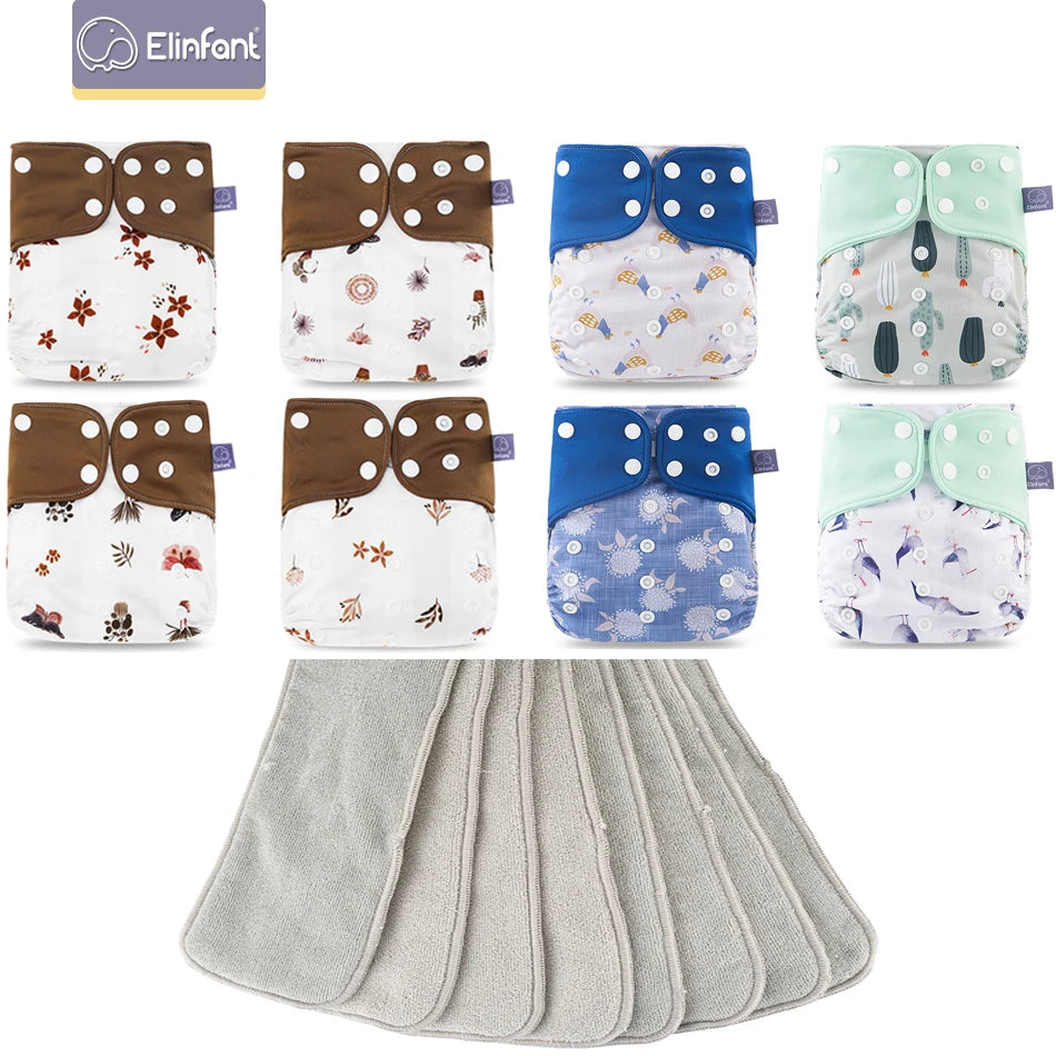 Elinfant 8pcs diapers with 8pcs absorbents waterproof baby pcoket diapers gray mesh baby cloth diapers