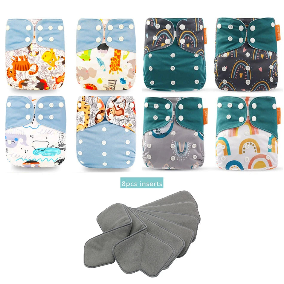 Happyflute New OS Pocket Nappy Set Adjustable 8pcs Diape+8pcs Bamboo Charcoal Insert Waterproof&Reusable Washable Baby Diaper