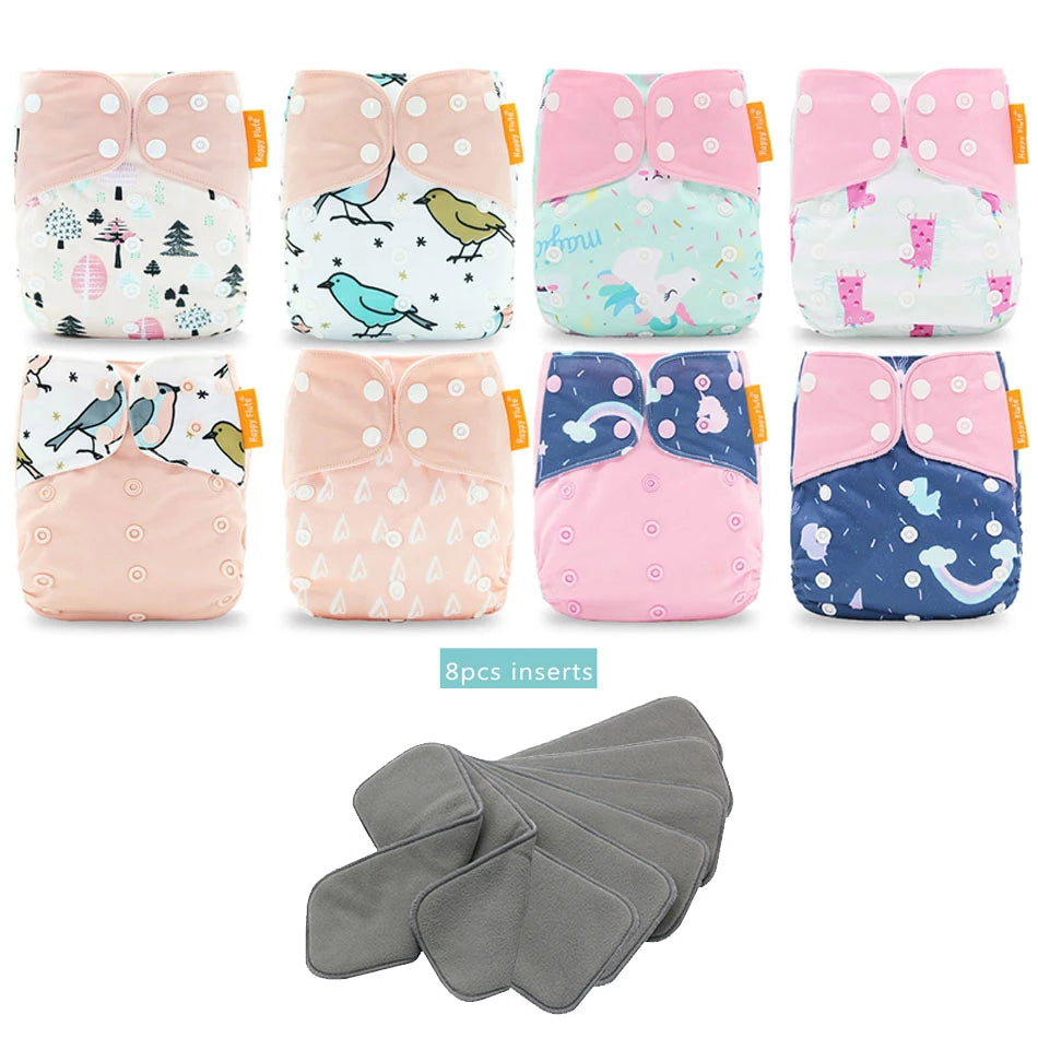 Happyflute New OS Pocket Nappy Set Adjustable 8pcs Diape+8pcs Bamboo Charcoal Insert Waterproof&Reusable Washable Baby Diaper