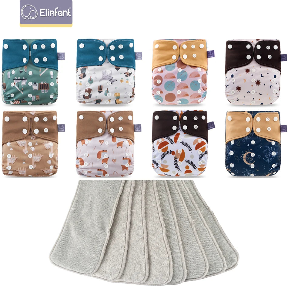 Elinfant 8pcs diapers with 8pcs absorbents waterproof baby pcoket diapers gray mesh baby cloth diapers