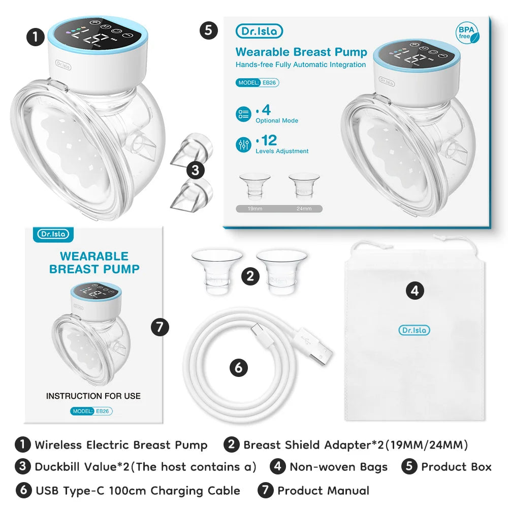 MAMIJOY Wearable Electric Breast Pumps 4 Modes 12 Levels Portable Hands Free Breast Pump Silent Comfort With 19/24mm Flange EB26