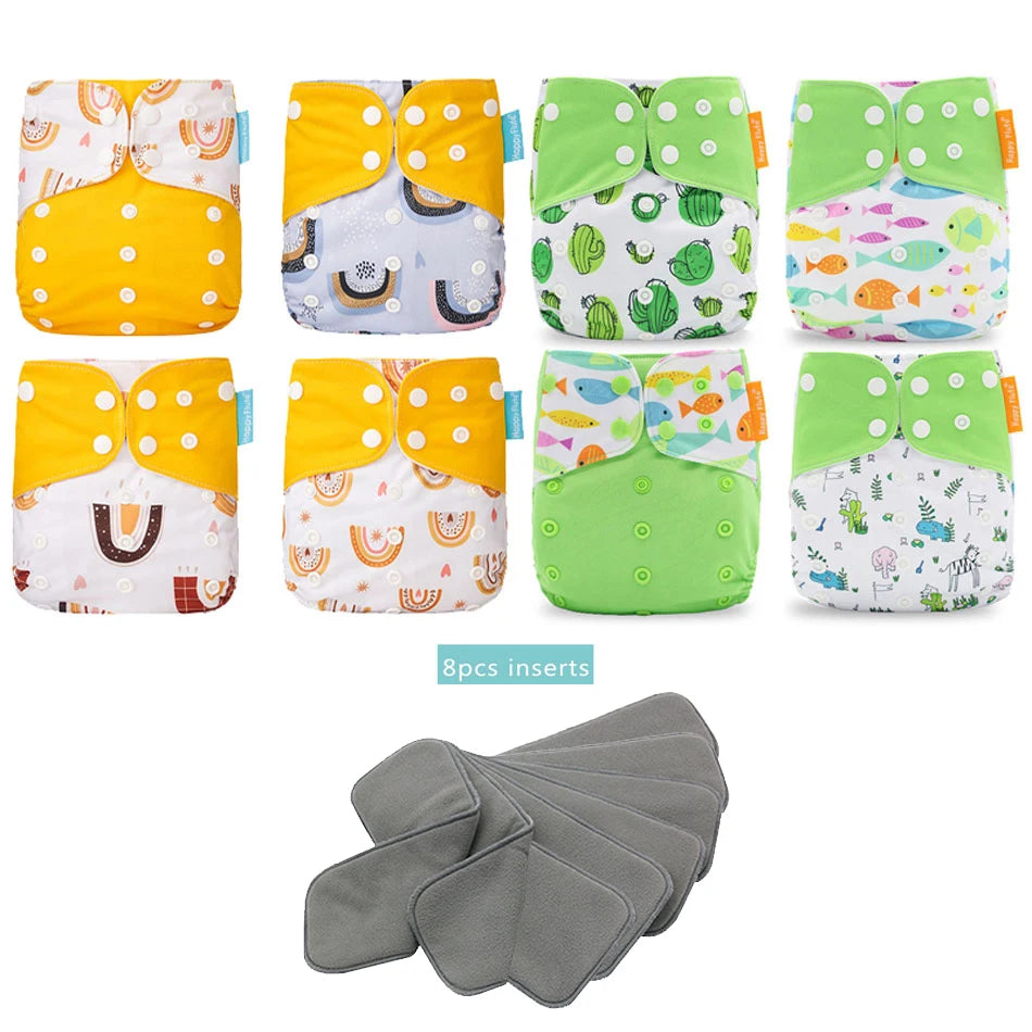Happyflute New OS Pocket Nappy Set Adjustable 8pcs Diape+8pcs Bamboo Charcoal Insert Waterproof&Reusable Washable Baby Diaper