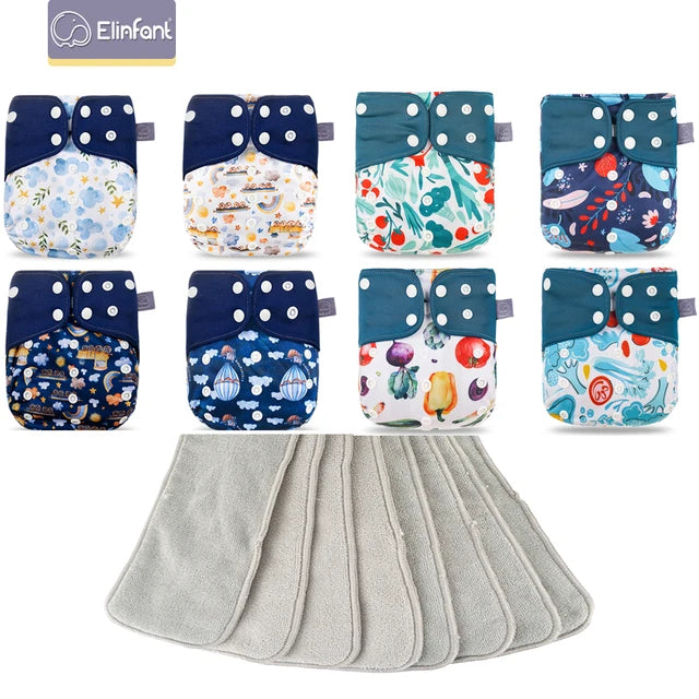 Elinfant 8pcs diapers with 8pcs absorbents waterproof baby pcoket diapers gray mesh baby cloth diapers