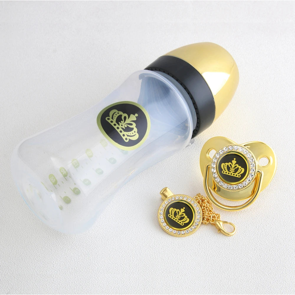 Golden BPA Free 240ML Baby Crown Bottle With 26 Letters Pacifier Chain Gem Clip /Teether Toy Boy And Girls