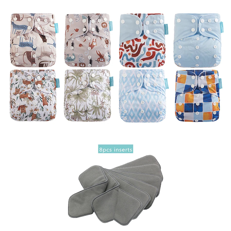Happyflute New OS Pocket Nappy Set Adjustable 8pcs Diape+8pcs Bamboo Charcoal Insert Waterproof&Reusable Washable Baby Diaper
