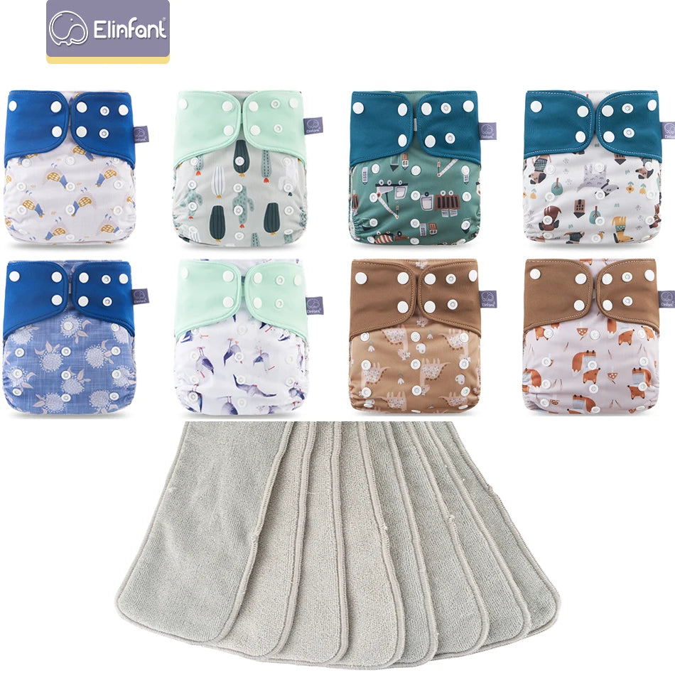 Elinfant 8pcs diapers with 8pcs absorbents waterproof baby pcoket diapers gray mesh baby cloth diapers