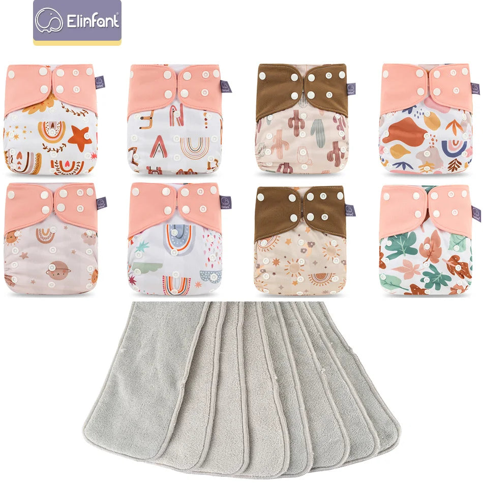 Elinfant 8pcs diapers with 8pcs absorbents waterproof baby pcoket diapers gray mesh baby cloth diapers