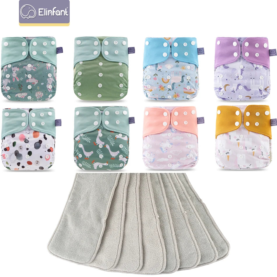 Elinfant 8pcs diapers with 8pcs absorbents waterproof baby pcoket diapers gray mesh baby cloth diapers