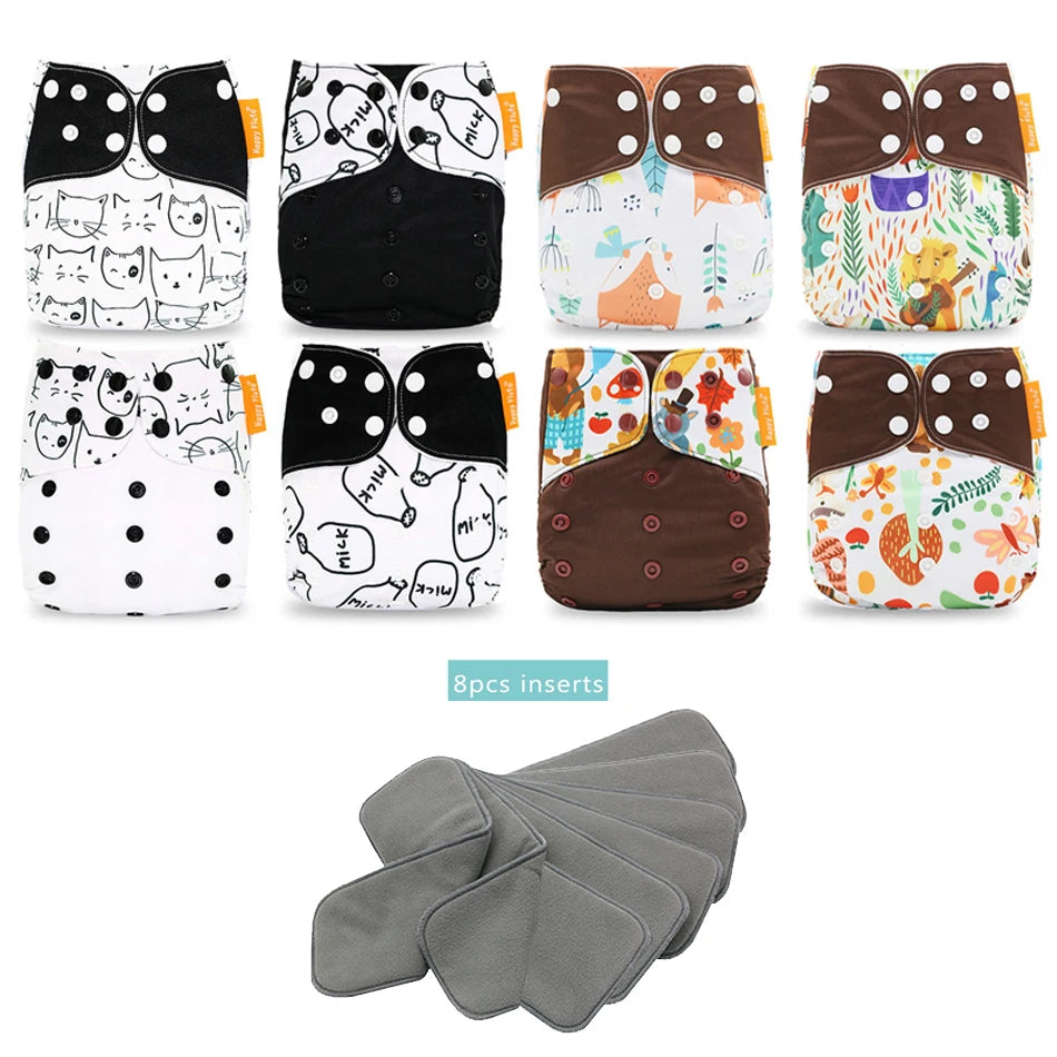 Happyflute New OS Pocket Nappy Set Adjustable 8pcs Diape+8pcs Bamboo Charcoal Insert Waterproof&Reusable Washable Baby Diaper