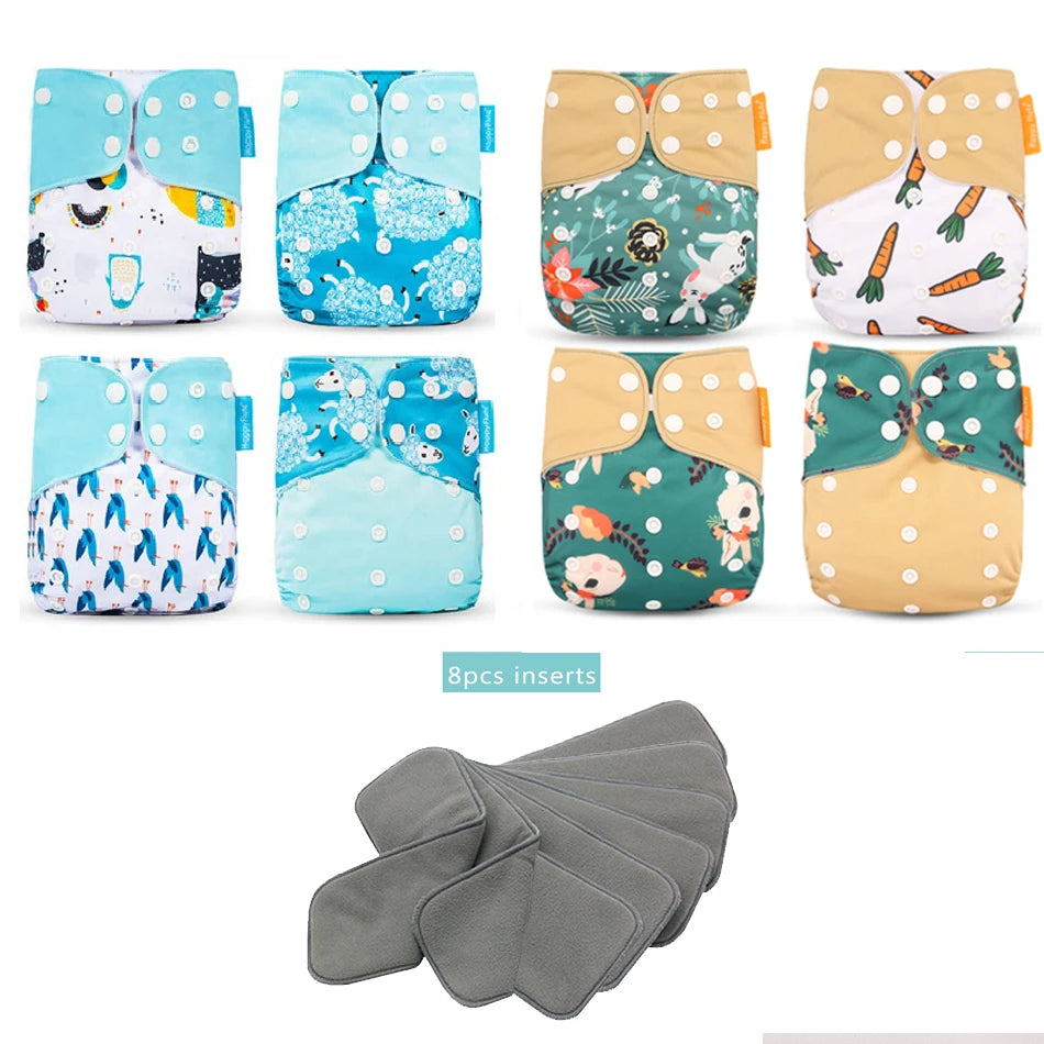 Happyflute New OS Pocket Nappy Set Adjustable 8pcs Diape+8pcs Bamboo Charcoal Insert Waterproof&Reusable Washable Baby Diaper