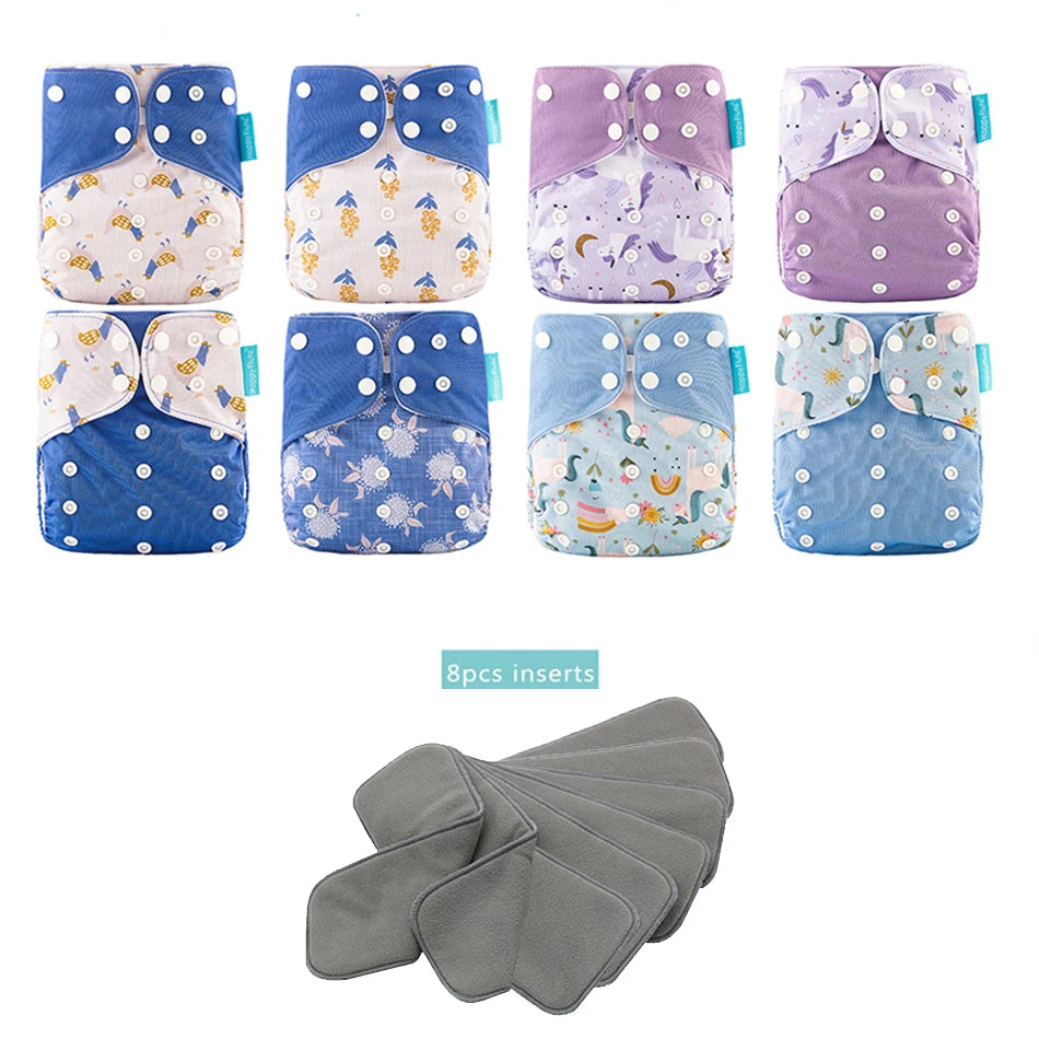 Happyflute New OS Pocket Nappy Set Adjustable 8pcs Diape+8pcs Bamboo Charcoal Insert Waterproof&Reusable Washable Baby Diaper