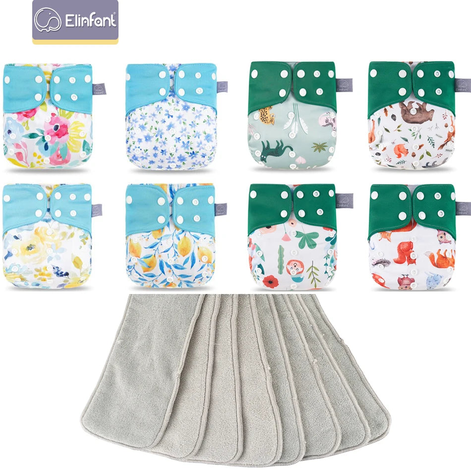 Elinfant 8pcs diapers with 8pcs absorbents waterproof baby pcoket diapers gray mesh baby cloth diapers