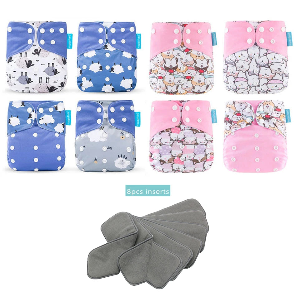 Happyflute New OS Pocket Nappy Set Adjustable 8pcs Diape+8pcs Bamboo Charcoal Insert Waterproof&Reusable Washable Baby Diaper